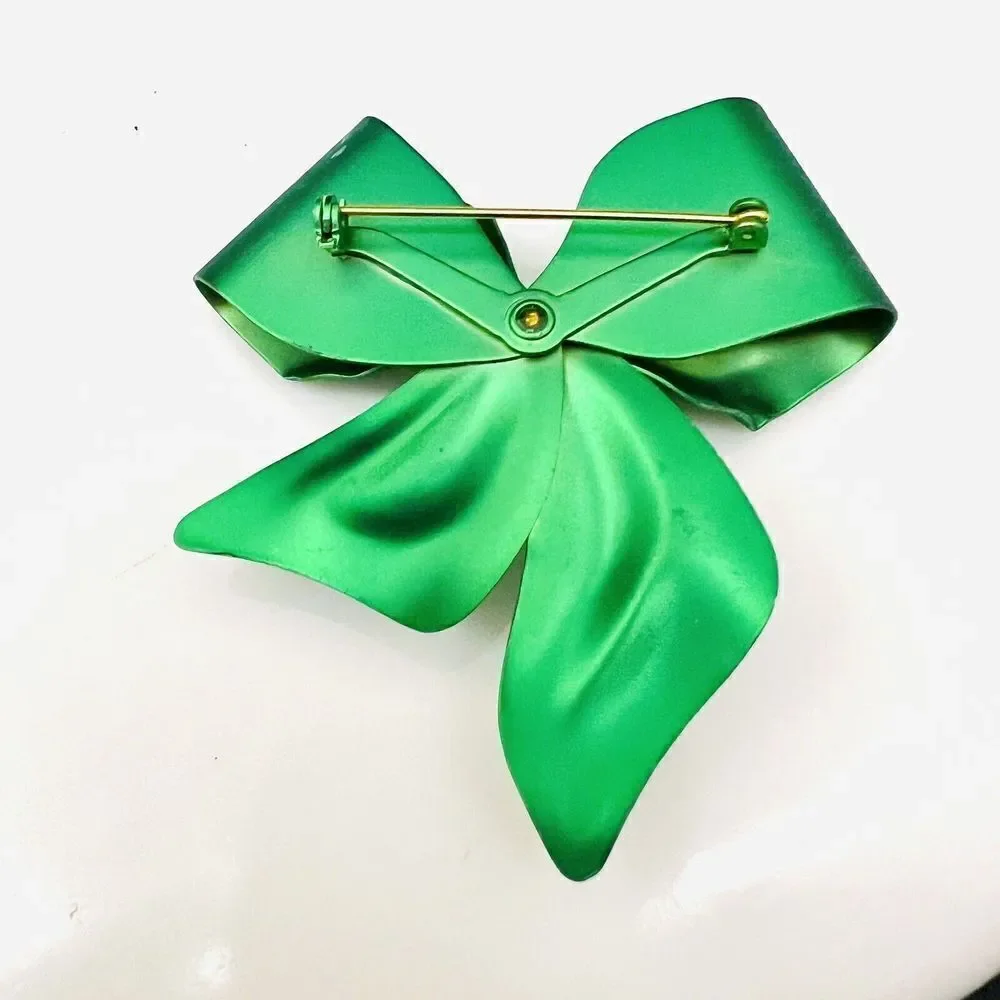 Vintage Green Metalic Satin Bow Ribbon Brooch Crystal Accent Large Matte 1045